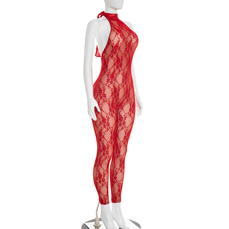 See-Through Lace Halter Lace-Up Jumpsuit for Club Wear