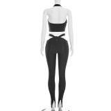 Women Spring Solid Color Sexy Tight Fitting Waist Cut-Out Tank and Pants Set