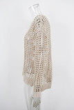 Women Solid Color Hollow-Out Holiday Knitted Long Sleeve Beach Cover-Up