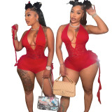 Women Solid Color Sexy Slim Fit Lace Patchwork Halter Neck Low Back Ruffle Jumpsuit