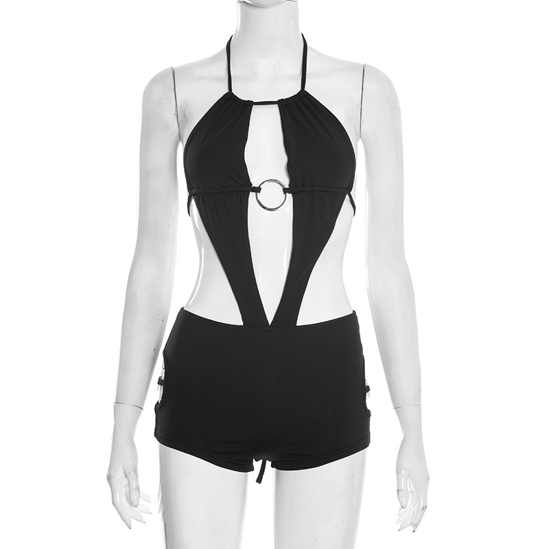 Solid O-Ring Cut-Out Halter Jumpsuit for Spring Clubwear