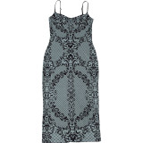 Women Autumn Winter Sexy Low Cut Strap Low Back Print Slit Bodycon Dress