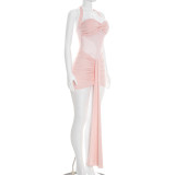 Women Mesh Patchwork Knot Halter Neck Tie Dress