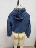 Women Spring Casual Washed Denim Hooded Long Sleeve Top