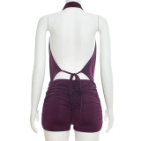 Women Spring Sexy Low Back Lace-Up Ruched Two Piece Shorts Set
