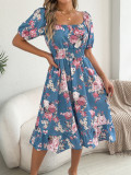 Women Spring Summer Floral Off Shoulder Short Sleeve Ruffle A-Line Dress