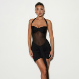 Women Mesh Patchwork Knot Halter Neck Tie Dress