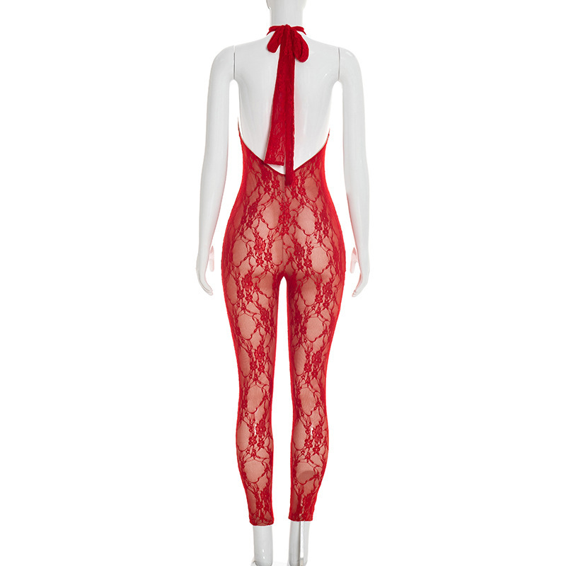 See-Through Lace Halter Lace-Up Jumpsuit for Club Wear