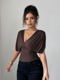 Women Chic Solid Color Deep V Neck Short Sleeve Slim Waist Top
