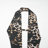 Women Sexy Deep V Leopard Print Lace-Up Halter Neck Two Piece Shorts Set