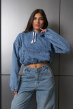 Women Spring Casual Washed Denim Hooded Long Sleeve Top