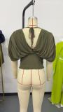 Women Chic Solid Color Deep V Neck Short Sleeve Slim Waist Top
