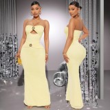Women Sexy Strapless Cut-Out Metal Flower Bodycon Party Long Dress