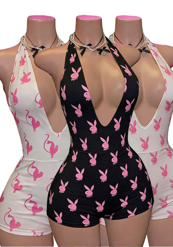 Women Sexy Halter Neck Backless V Neck Printed Jumpsuit