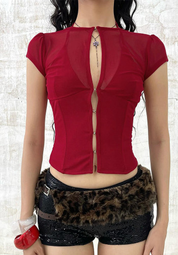 Women See-Through Hollow-Out Sexy Short Sleeve T-Shirt Round Neck Halter Neck Top