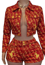 Women Printed Embroidery Stretchy Denim Jacket Bodycon Shorts Two-Piece Set Women Printed Embroidery Stretchy Denim Jacket Bodycon Shorts Two-Piece Set