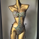 Women Embroidered Crystal Diamond Bikini V Neck Lace-Up Holidays Swimwear