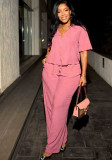 Women Spring & Summer Casual Turndown Collar Button Short Sleeve Top And Pant Two-Piece Set