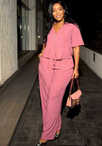 Women Spring & Summer Casual Turndown Collar Button Short Sleeve Top And Pant Two-Piece Set