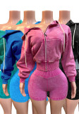 Women Washed Zipper Hooded Top and Shorts Two-Piece Set