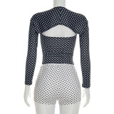Women's Sexy Color Block Polka Dot Long Sleeve Cape Shorts Vest Three-Piece Set