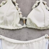 Women Solid Color Bikini Lace-Up Hollow-Out Backless Two Pieces Swimwear