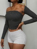 Women's Sexy Color Block Polka Dot Long Sleeve Cape Shorts Vest Three-Piece Set