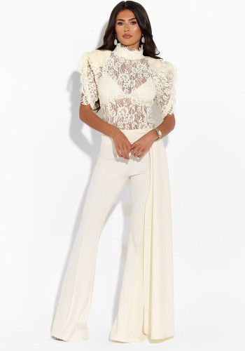 Women Semi-High Neck Lace Top and Pant Two-Piece Set