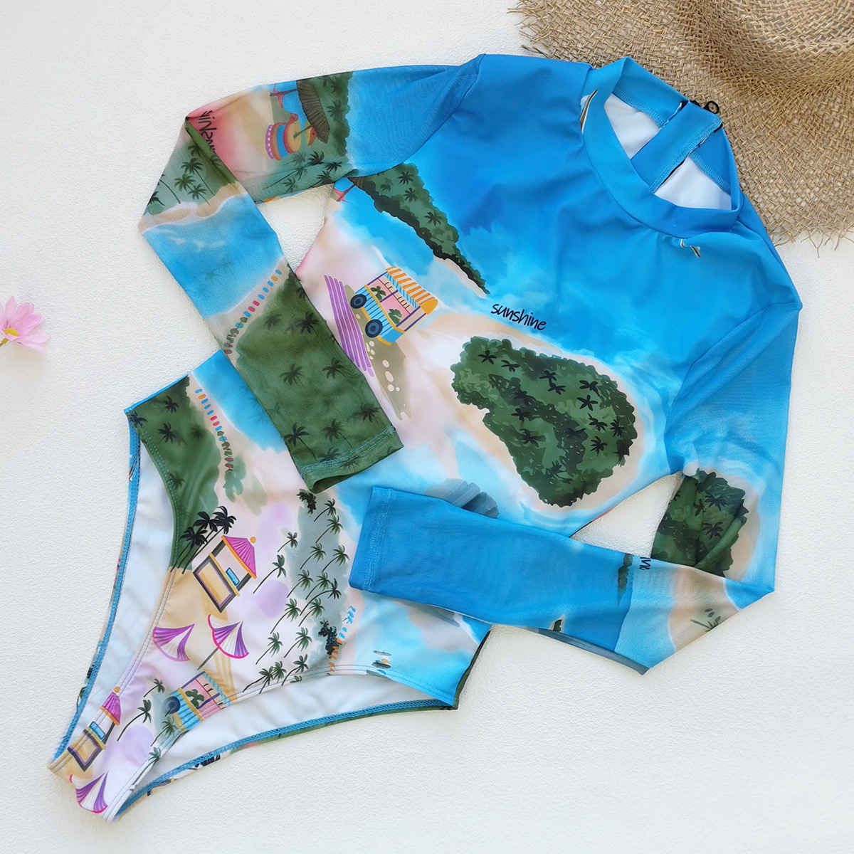 Mesh Patchwork Long Sleeve Zipper Surfing One-Piece Swimsuit