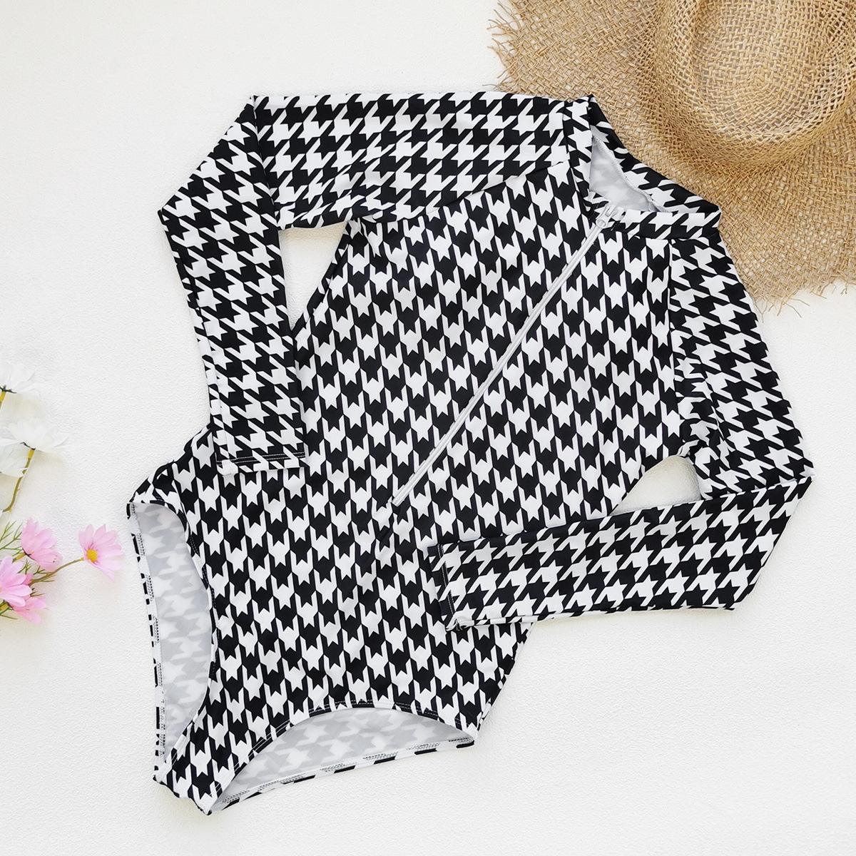 Plaid Long Sleeve Zipper Surfing One-Piece Swimsuit