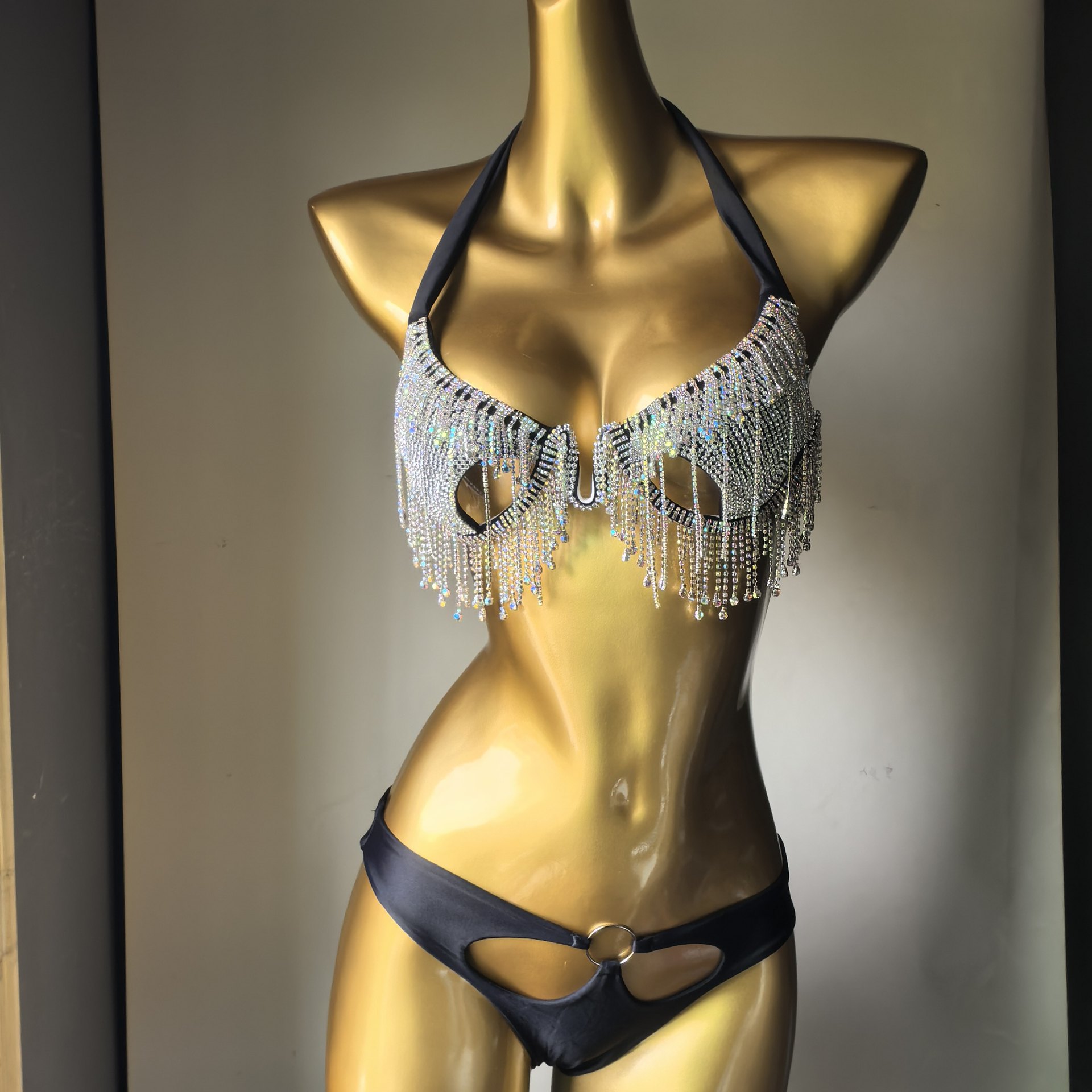 Rhinestone Hollow-Out Bikini Swimsuit for Pool Parties
