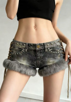 Women American Washed Fleece Patchwork Rivet Lace-Up Denim Shorts