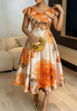 Women French Printed Ruffled Neckline Elegant Holidays Dress