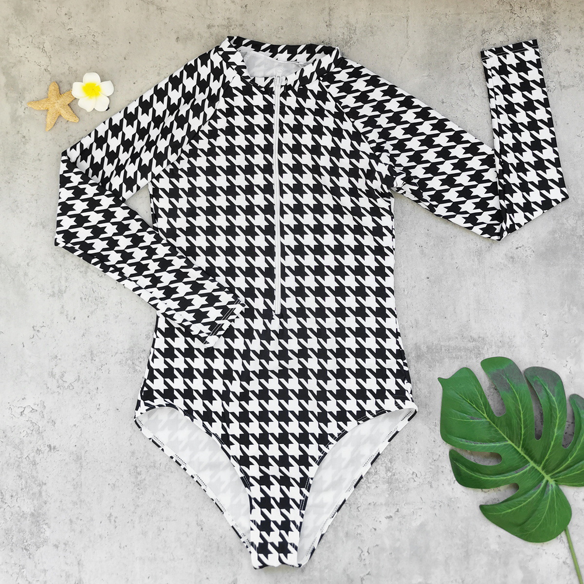 Plaid Long Sleeve Zipper Surfing One-Piece Swimsuit