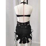 Women Black Bikini Hollow-Out Dress Three-Piece Swimwear