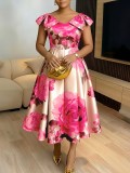 Women French Printed Ruffled Neckline Elegant Holidays Dress
