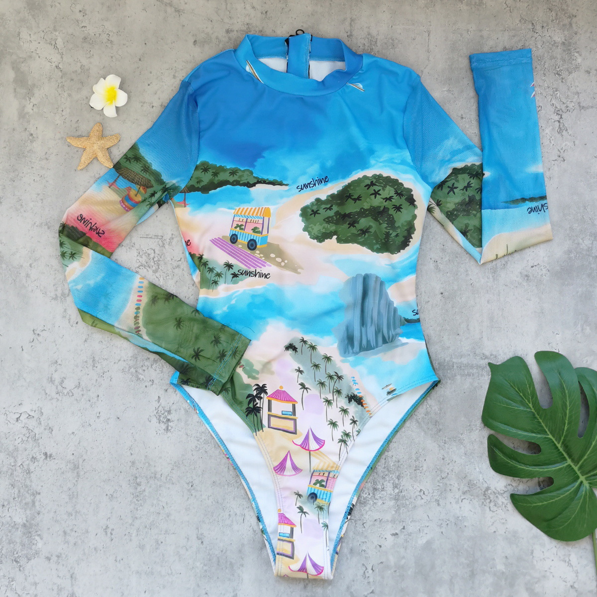 Mesh Patchwork Long Sleeve Zipper Surfing One-Piece Swimsuit