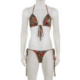 Women Beach Leopard Print Cherry Printed Holidays Sexy Tie-Side Bikini Swimwear Two-Piece Set