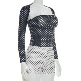 Women's Sexy Color Block Polka Dot Long Sleeve Cape Shorts Vest Three-Piece Set