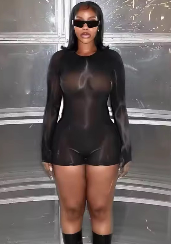 Women Summer Sexy Backless Mesh Printed See-Through Bodysuit
