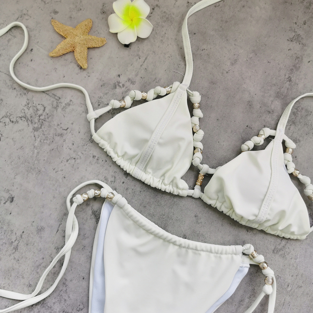 Solid Lace-Up Hollow-Out Backless Two-Piece Bikini Swimsuit