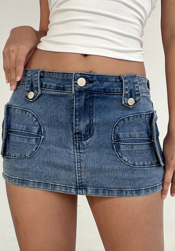 Women American Washed Slant Pocket Denim Skirt