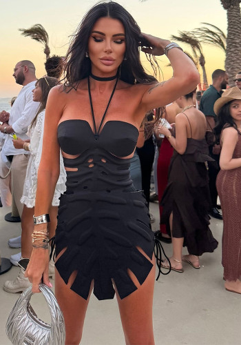 Women Black Bikini Hollow-Out Dress Three-Piece Swimwear