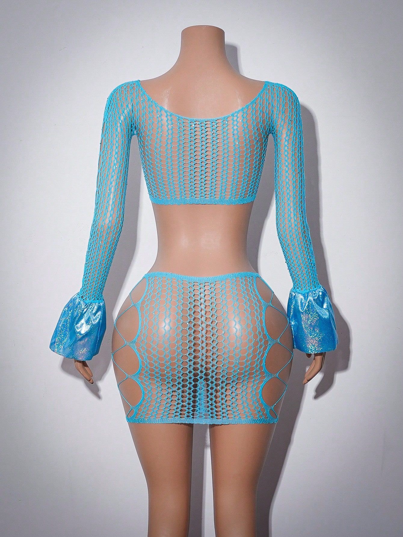 Beaded Long Sleeve Mesh Hollow-Out Cover-Up for Beachwear