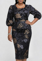 Plus Size Women Spring & Summer Printed Round Neck Dress