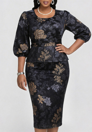 Plus Size Women Spring & Summer Printed Round Neck Dress