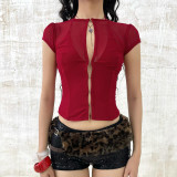 Women See-Through Hollow-Out Sexy Short Sleeve T-Shirt Round Neck Halter Neck Top