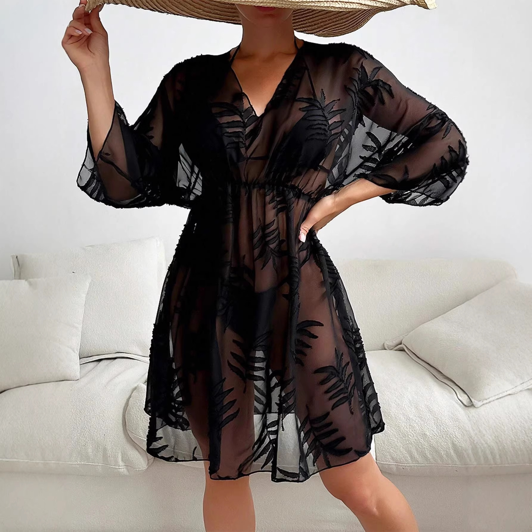 See-Through Long Sleeve Cover-Up Dress for Summer Beachwear
