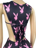 Women Printed Hollow-Out Tie-Side Bodysuit and Shorts Two-Piece Set