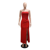Women Strapless Sequin High Slit Patchwork Long Dress Evening Party Dress